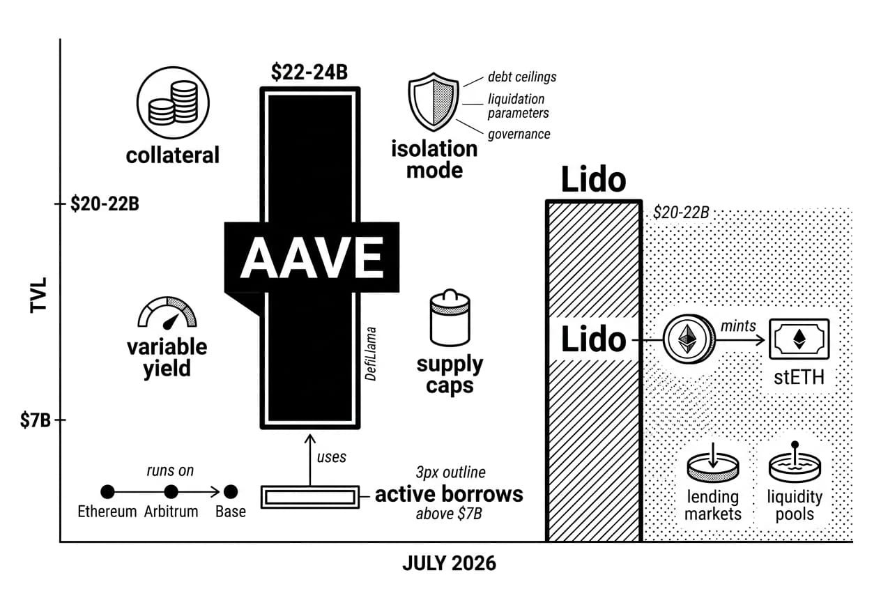Monochrome Top DeFi protocols by TVL chart comparing AAVE, Lido, DefiLlama, Ethereum, Arbitrum, Base, stETH.