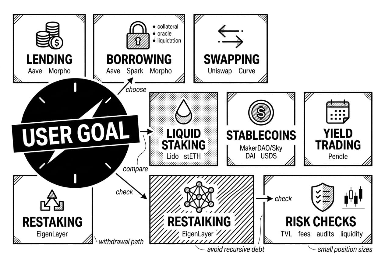 DeFi TVL compass labeled USER GOAL points to Aave, Uniswap, Lido, and risk-check tiles.