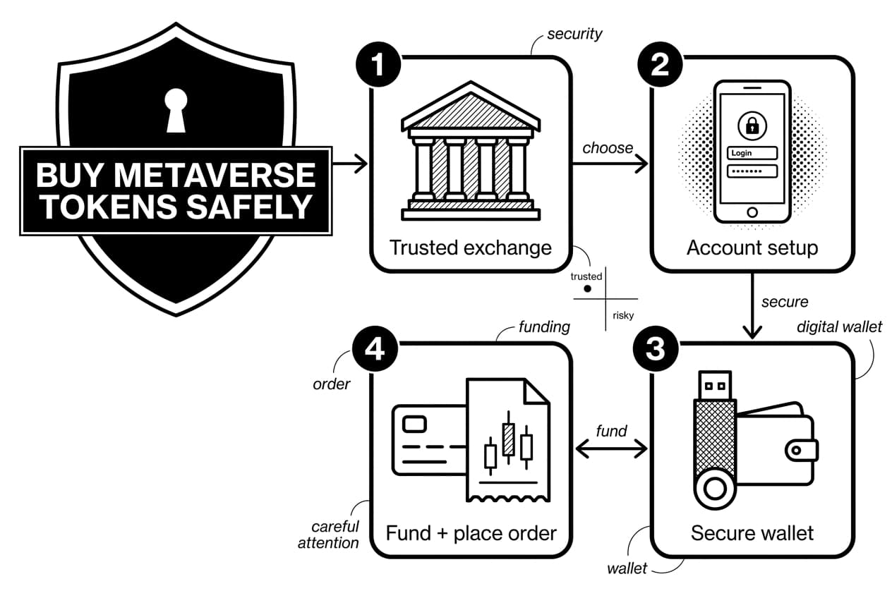 Monochrome step-by-step diagram showing how to buy metaverse tokens safely using exchange and wallet.