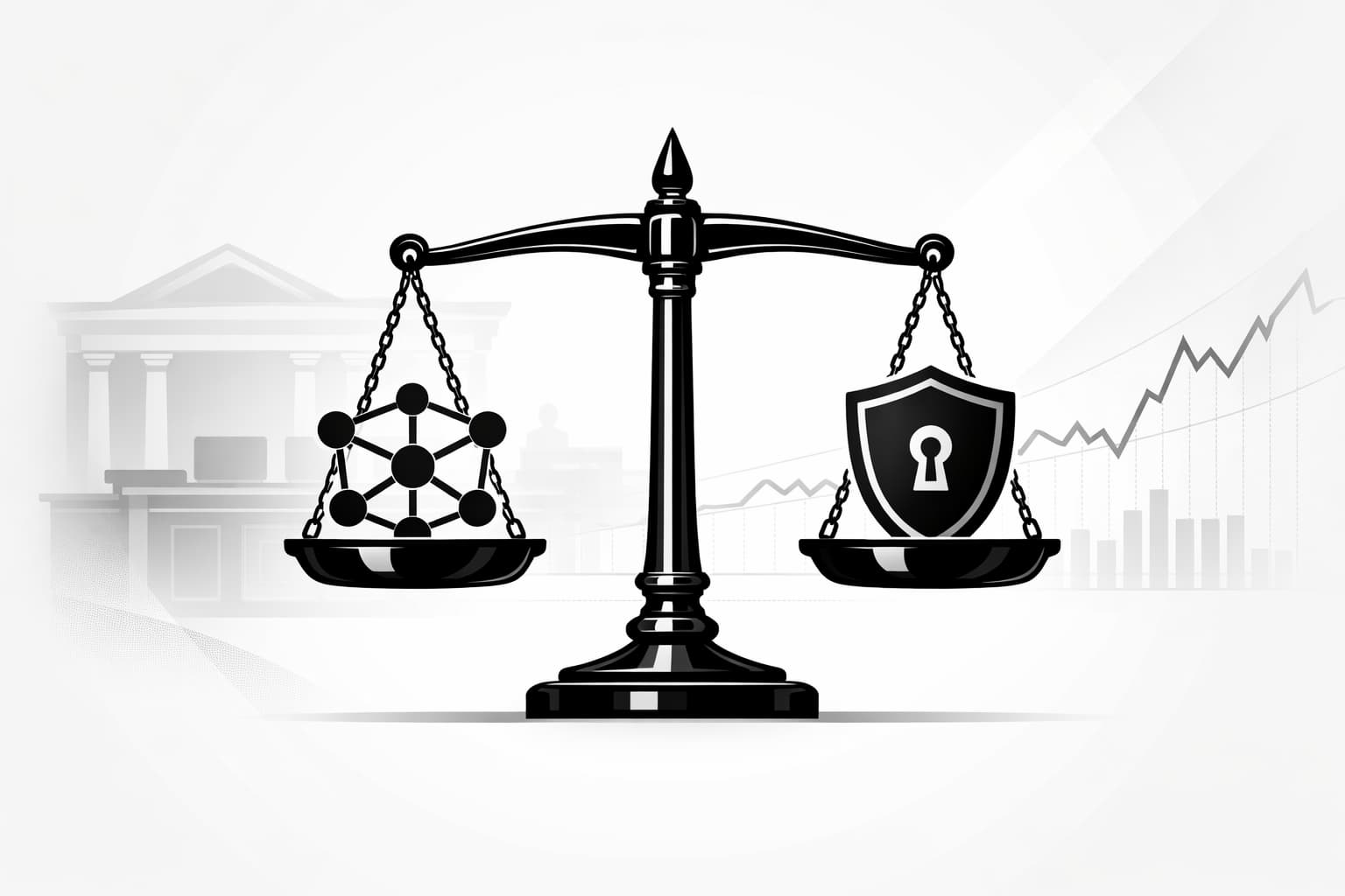 Scales of justice balancing blockchain network and privacy shield in modern illustration