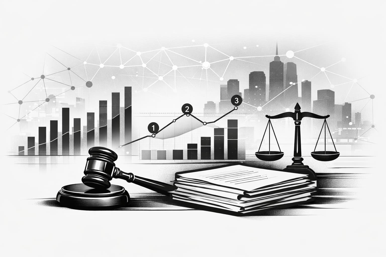 Courtroom gavel with data charts overlay and abstract blockchain network background