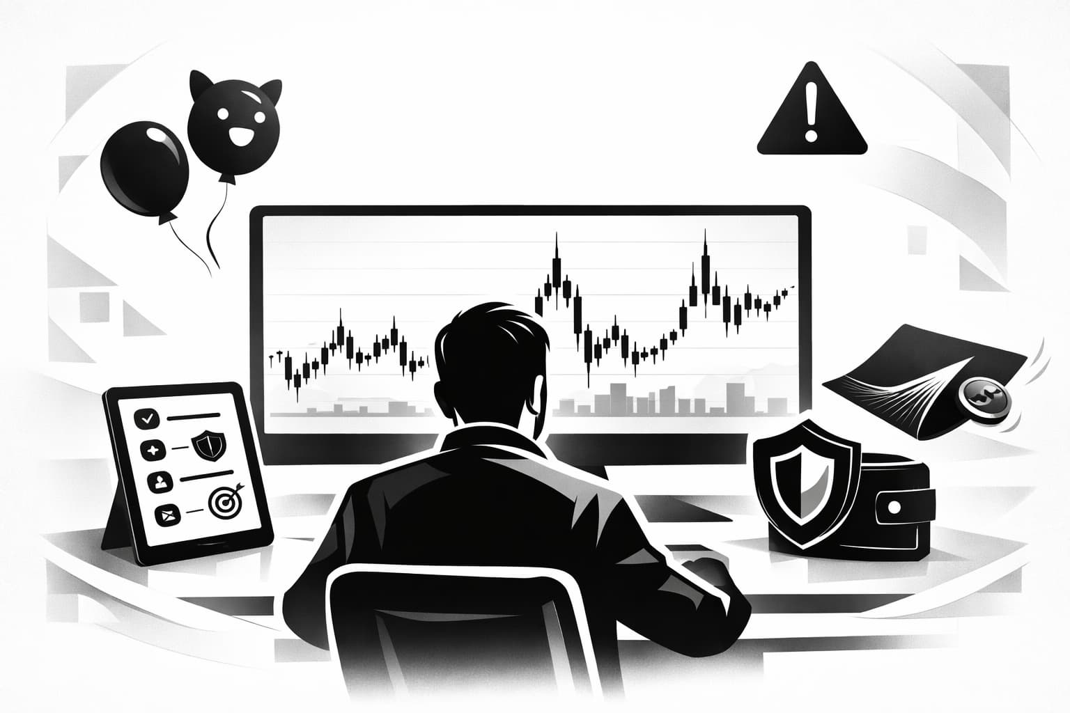 Trader analyzing volatile meme coin chart with risk and security symbols