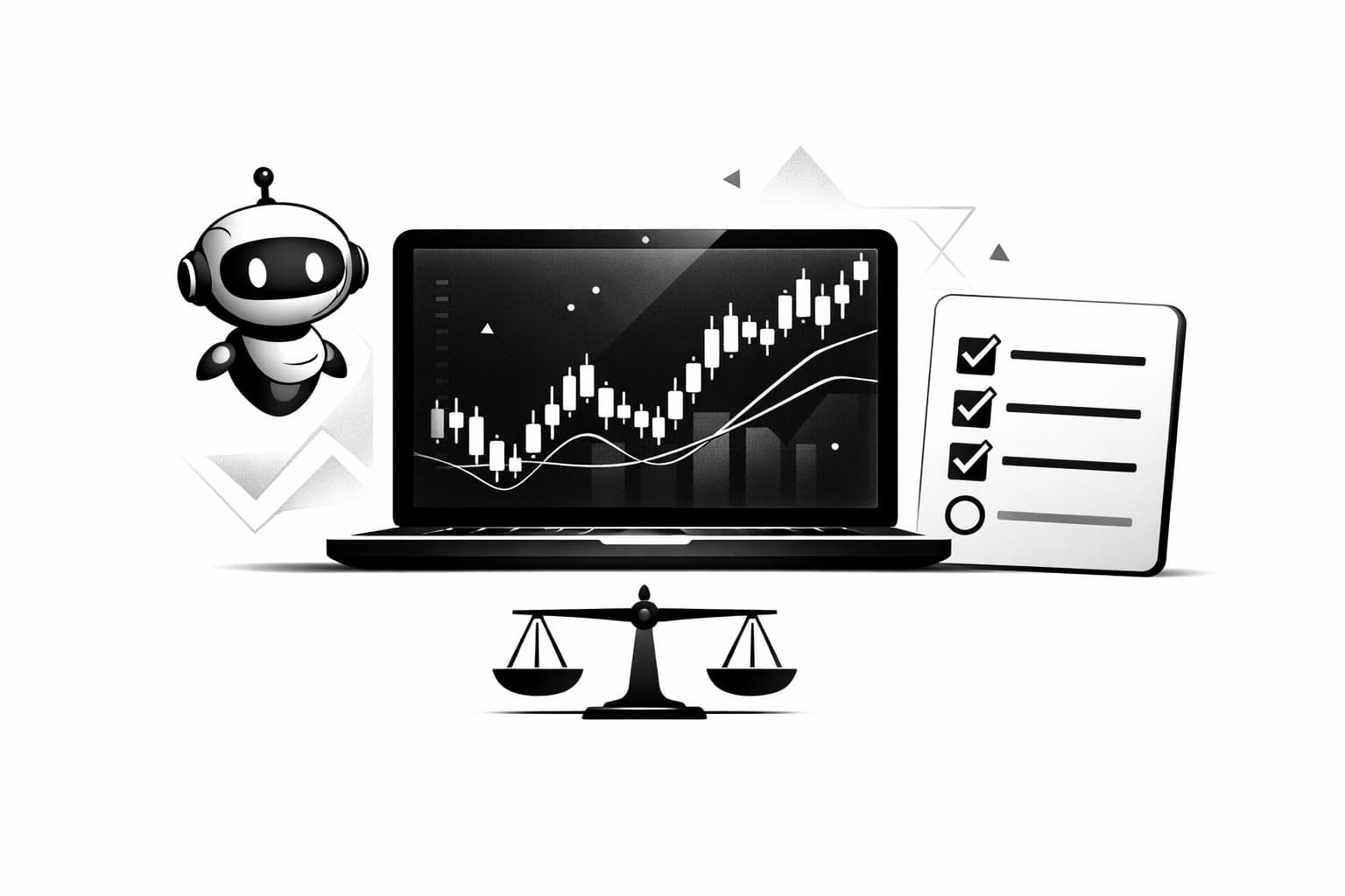 Illustration of crypto trading bot verdict with dashboard, checklist, and value balance