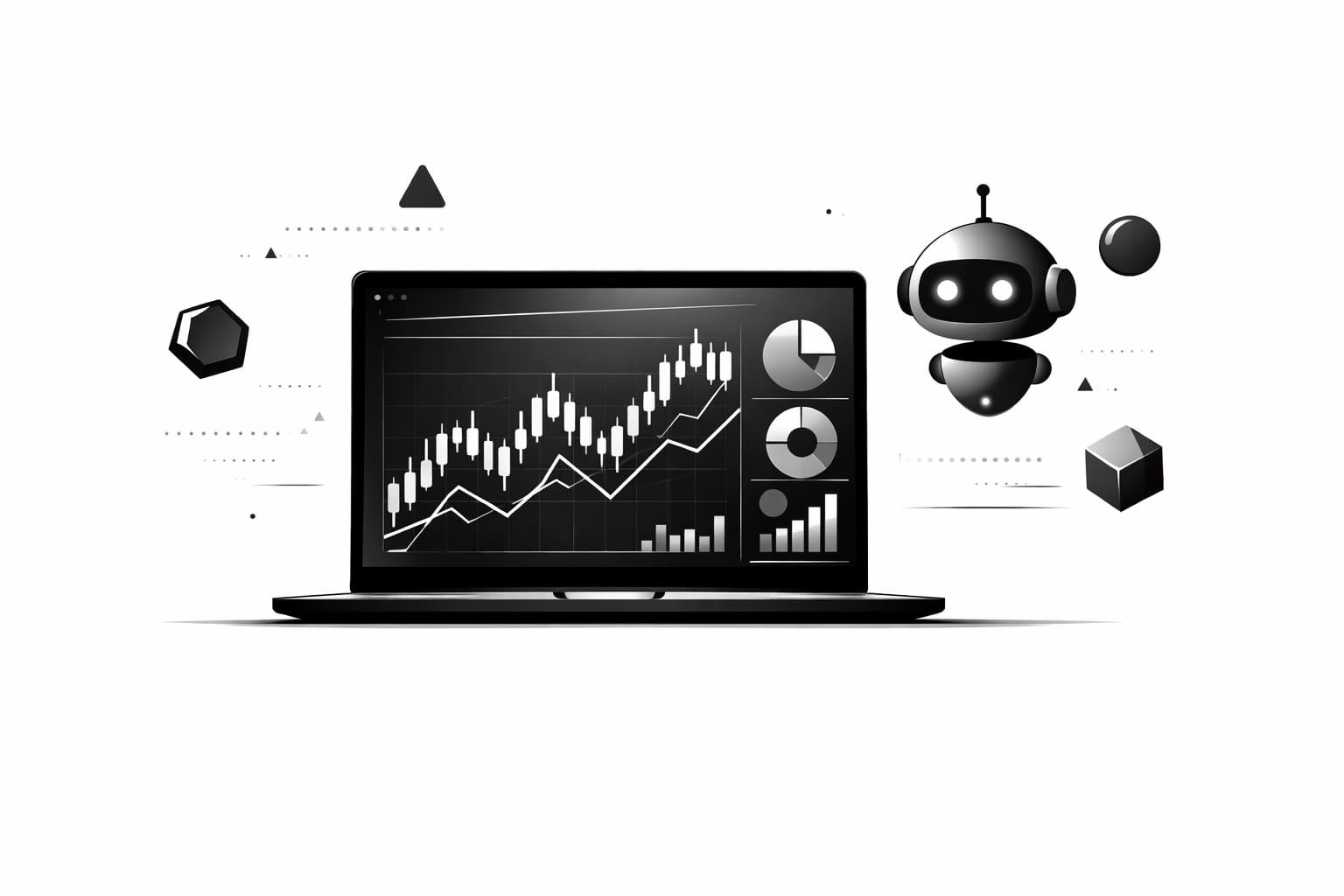 Laptop with trading charts and a bot icon symbolizing automated crypto trading