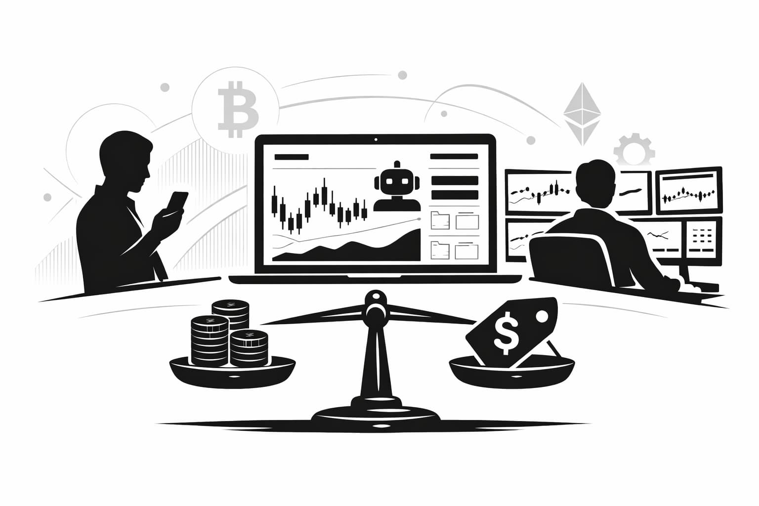 Illustration showing crypto bot verdict with beginner and advanced trader comparison