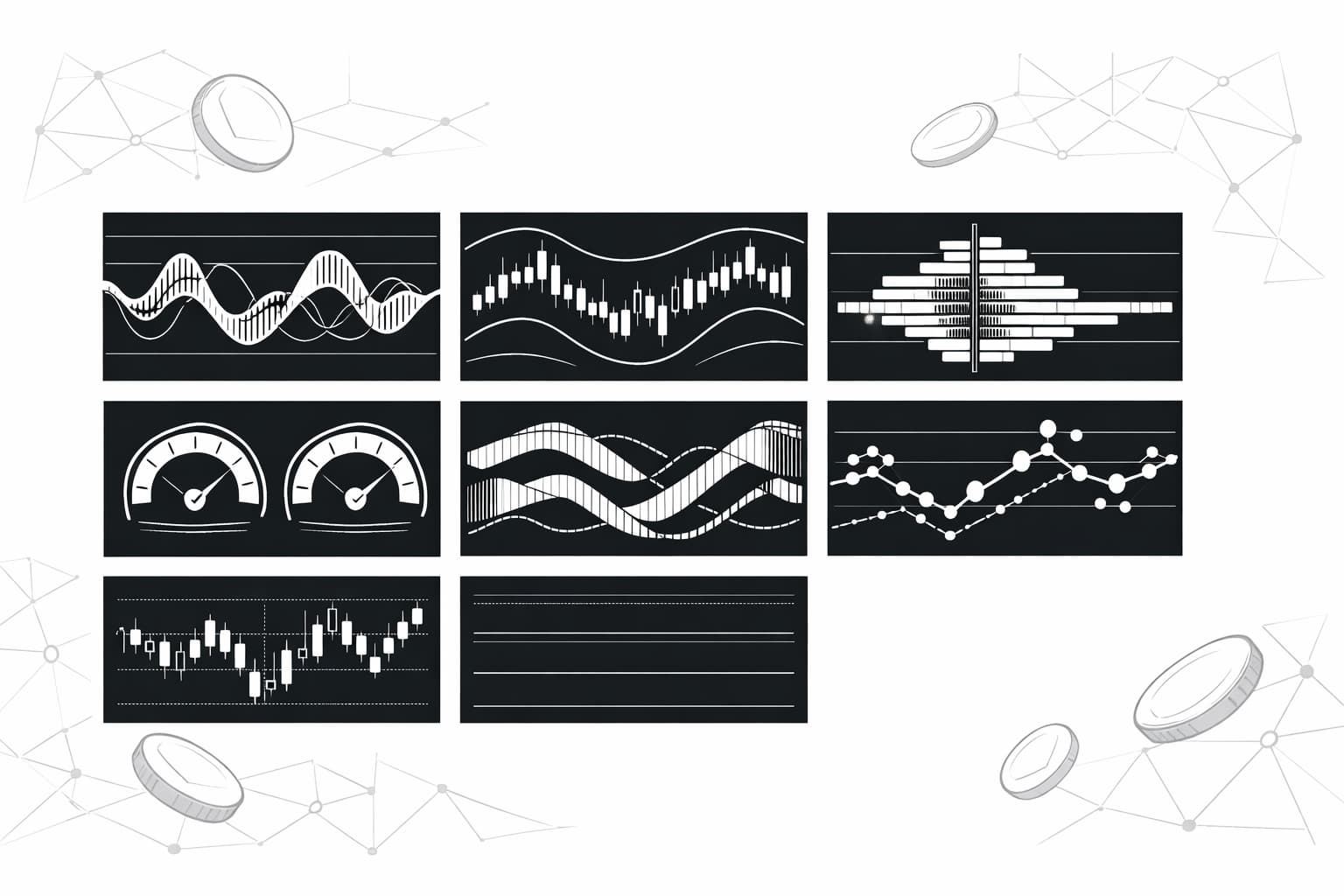 Seven custom crypto TradingView indicator panels on a modern charting dashboard illustration