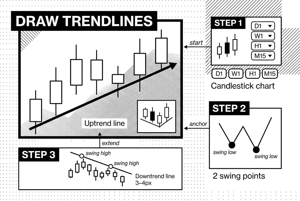 Monochrome infographic showing steps to draw trend lines on a candlestick chart.