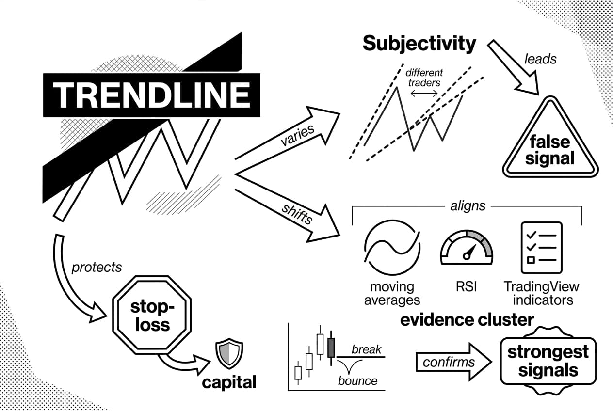 Monochrome trendline trading infographic showing subjectivity, best practices, and stop-loss protection flow.