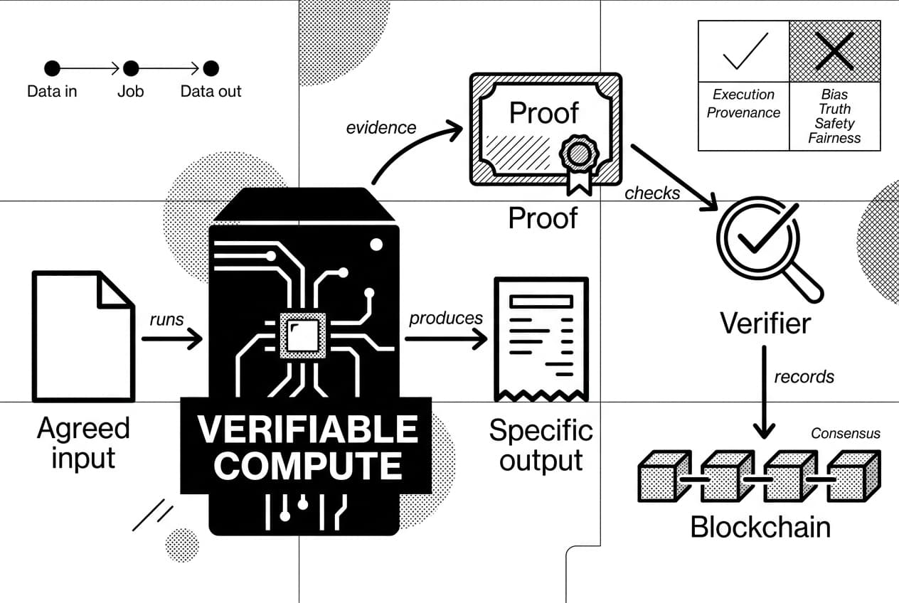 Diagram showing Verifiable AI Compute producing proofs, verifier checks, and blockchain records.