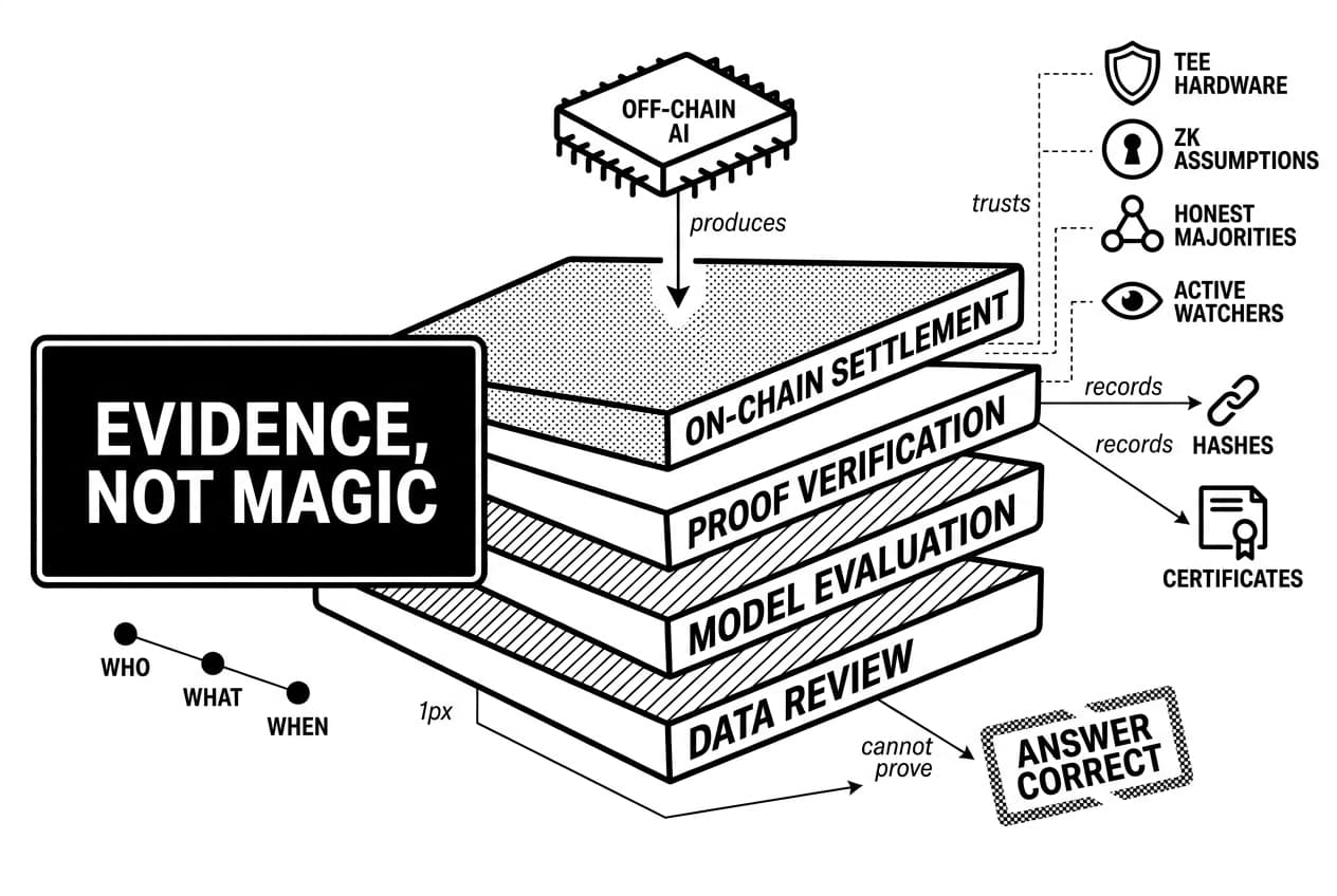 Monochrome Verifiable AI Compute stack showing OFF-CHAIN AI proof layers on blockchain.