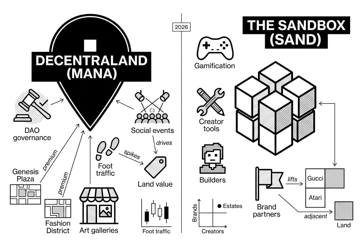 Monochrome 2026 infographic comparing Decentraland (MANA) and The Sandbox (SAND) virtual land.