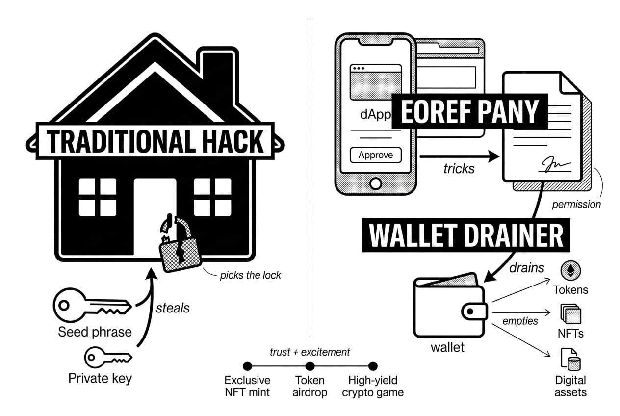 Split infographic comparing traditional hack keys stealing access versus wallet drainer dApp approvals.