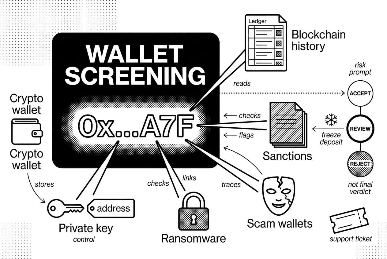 Wallet screening console checking a crypto address against sanctions and scam wallet signals