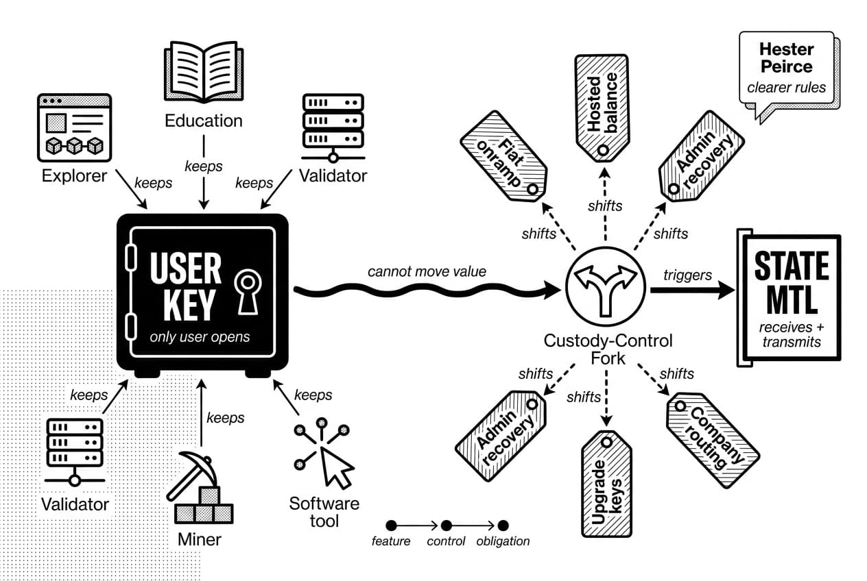 Crypto money transmitter flowchart shows USER KEY custody fork triggering STATE MTL, with Hester Peirce.