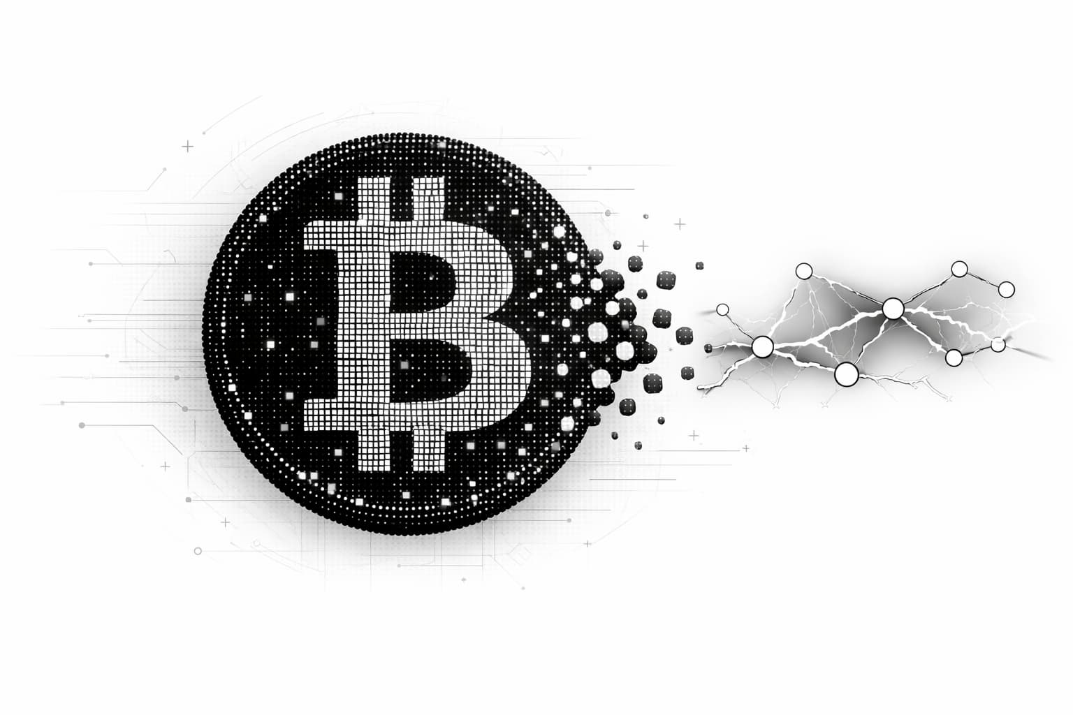 Bitcoin coin made of tiny units with Lightning Network microtransaction flow illustration