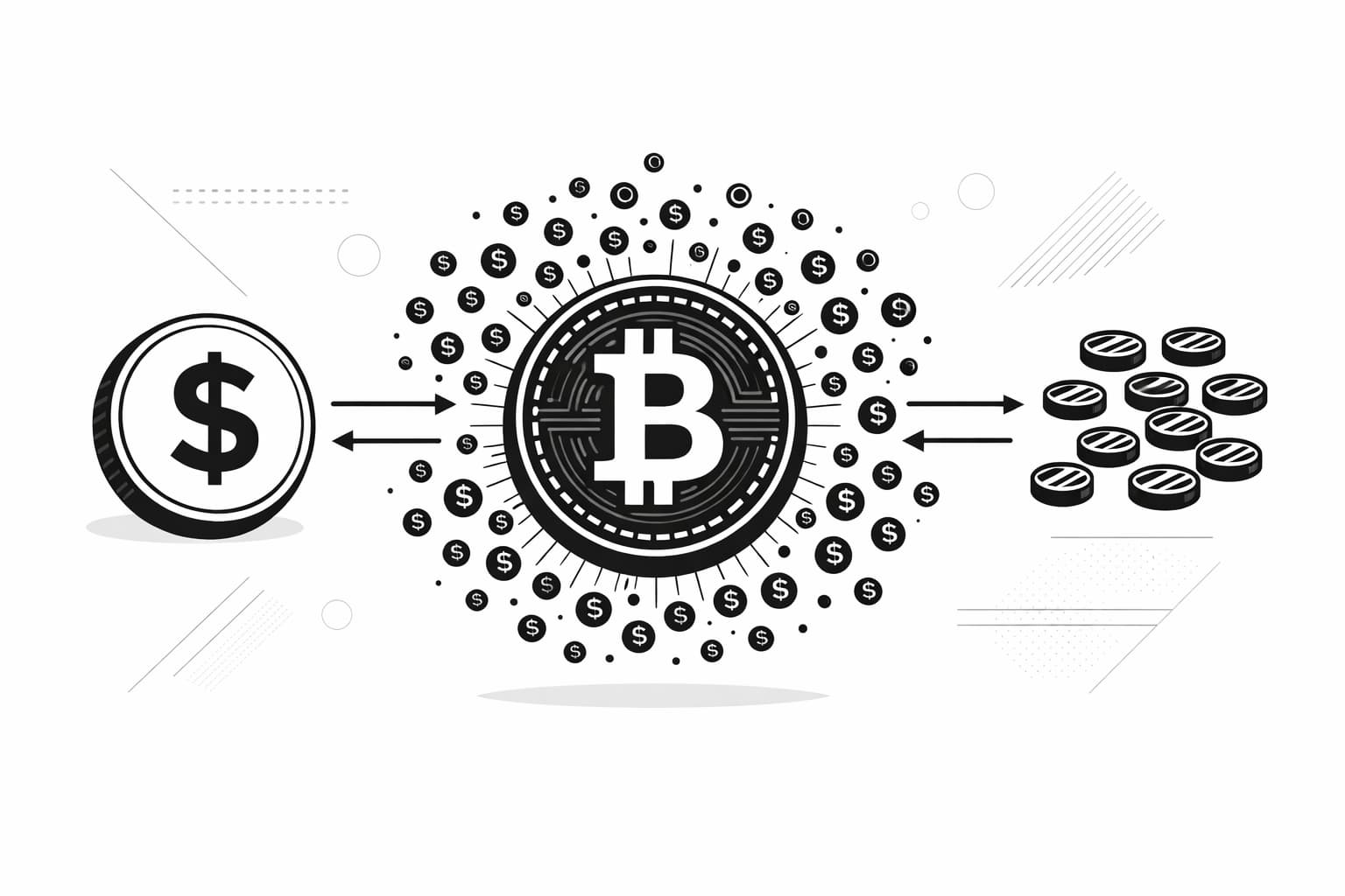 Large Bitcoin coin surrounded by tiny coins illustrating satoshis and cents analogy