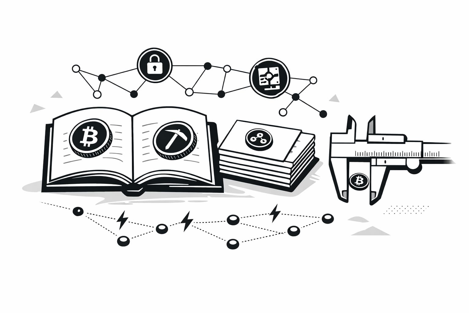 Glossary-style Bitcoin icons showing satoshis, blockchain nodes, and Lightning Network connections