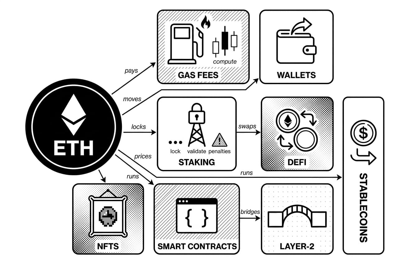 Monochrome infographic showing ETH, Ethereum’s native cryptocurrency, powering fees, wallets, staking, DeFi, and NFTs.