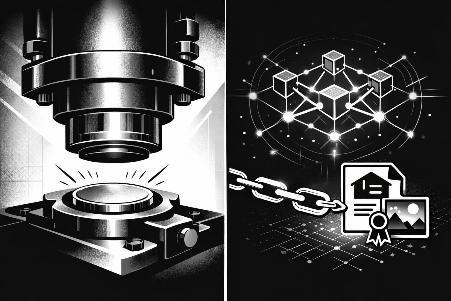 Split illustration of coin minting press and NFT ownership certificate on blockchain
