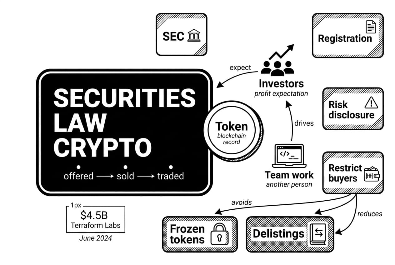 Monochrome SEC securities law crypto diagram linking investors, tokens, Terraform Labs, and compliance.