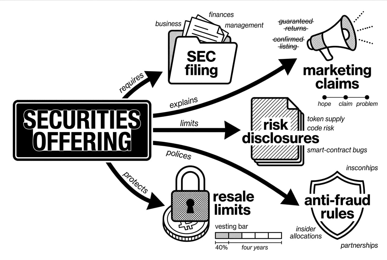 SEC securities offering flowchart showing filings, disclosures, resale limits, marketing claims, anti-fraud rules.
