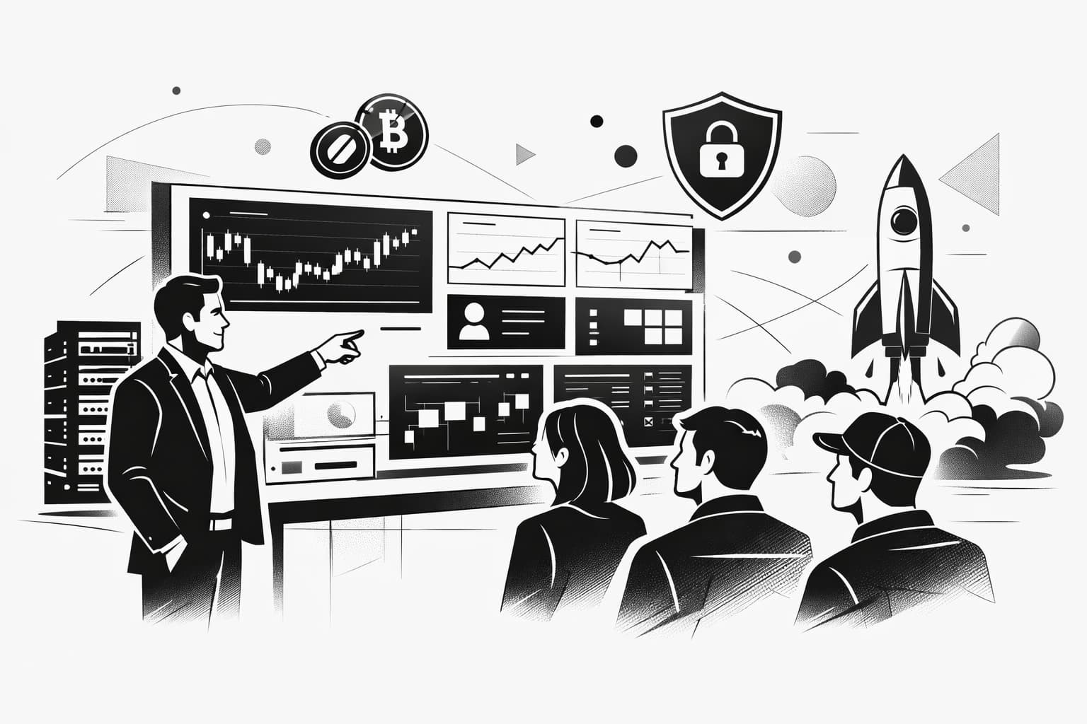 Mentor guiding team through white label crypto exchange setup with dashboards