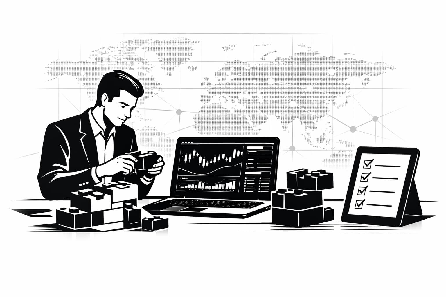Founder assembling a crypto exchange platform with dashboard, checklist, and network backdrop