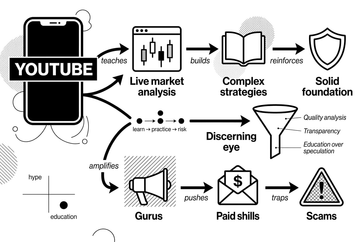 Monochrome infographic showing YouTube phone branching into good and bad crypto trading paths.