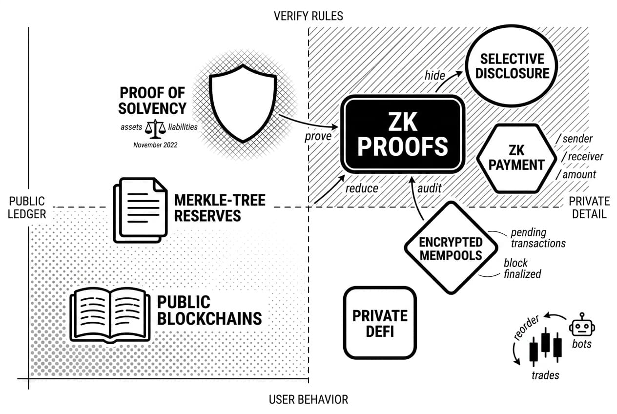 Zero-knowledge encryption infographic mapping ZK PROOFS across private DeFi and public blockchains.