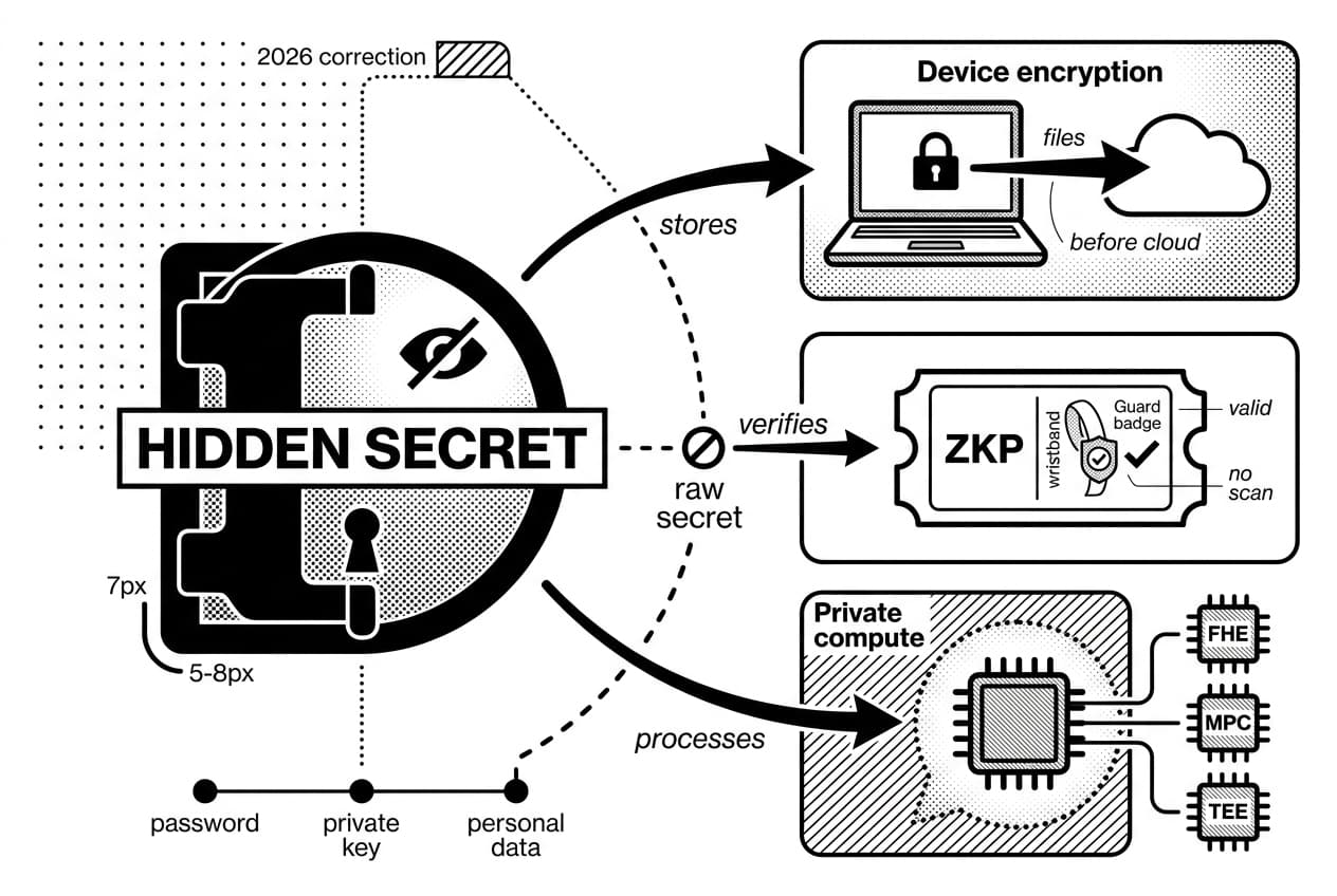 Diagram showing zero-knowledge encryption linking hidden secret to ZKP, FHE, MPC, and TEE