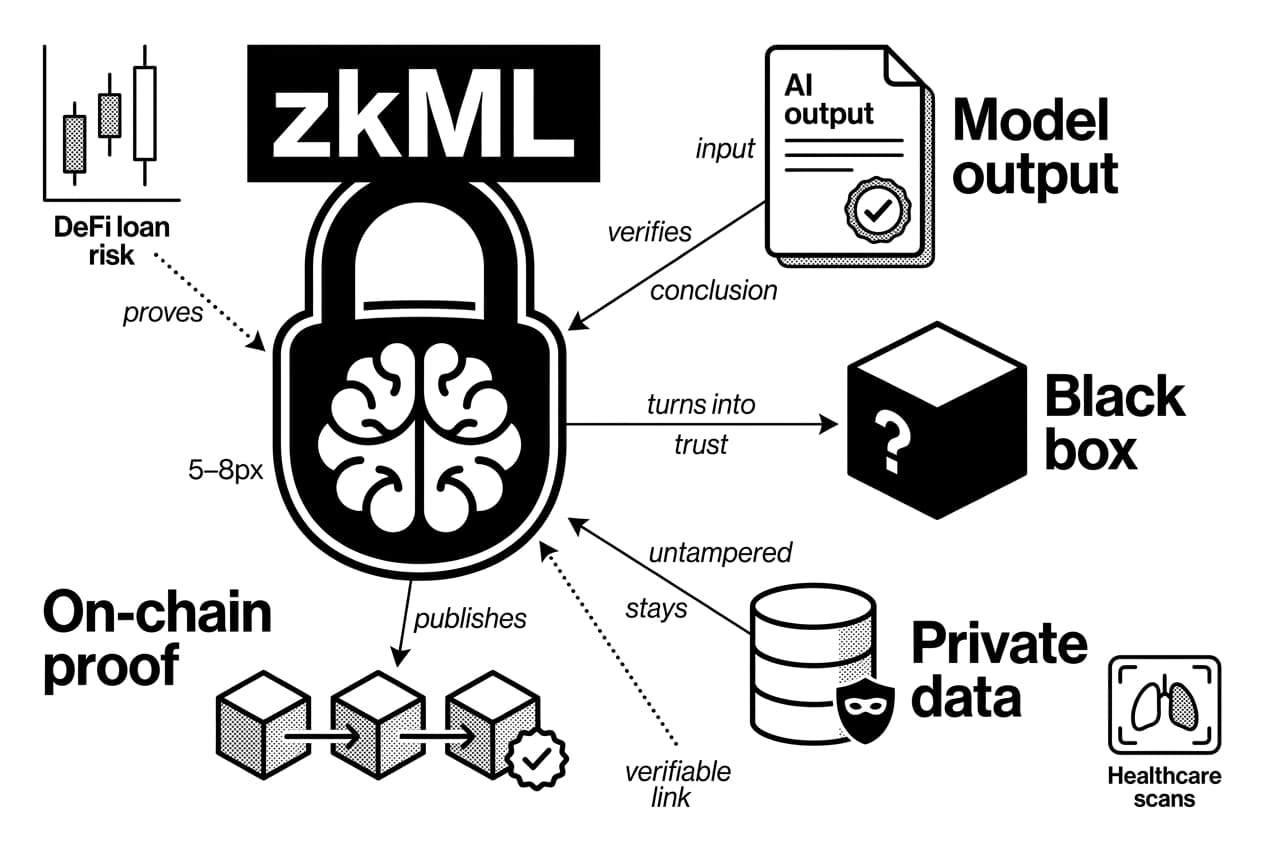 Padlock brain icon labeled zkML with callouts for model output, data, proofs.
