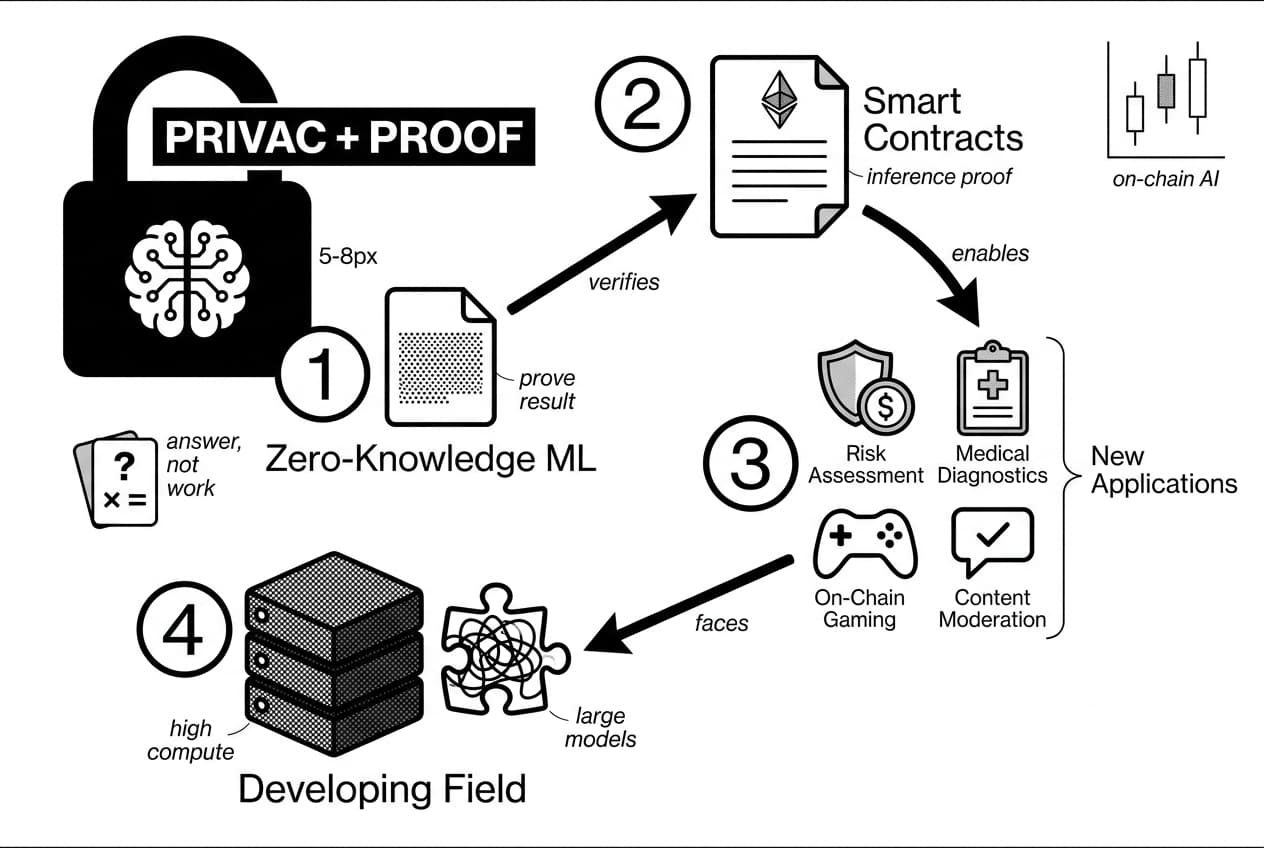 Monochrome infographic showing zkML privacy proof padlock and four-step verifiable AI pipeline.