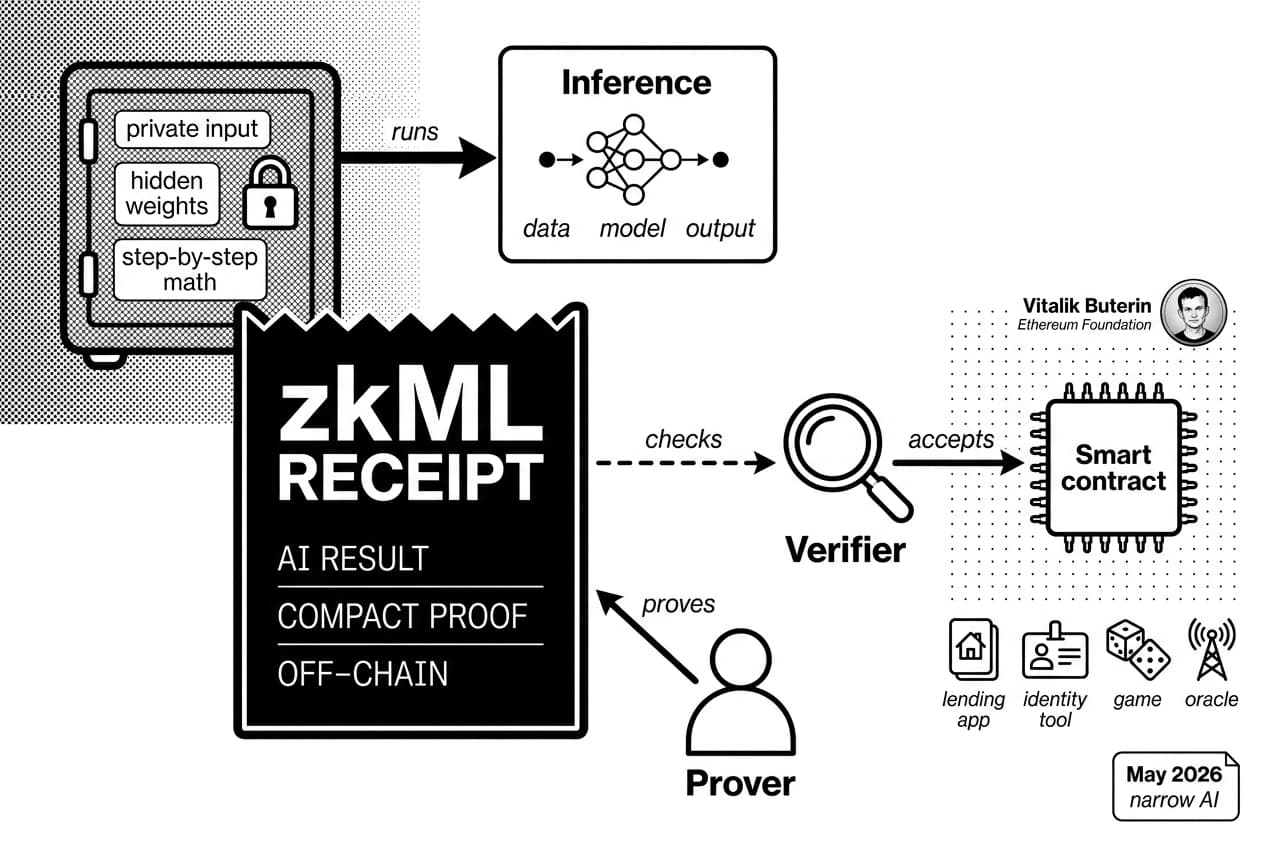 zkML diagram shows private AI inference proof, Vitalik Buterin, Ethereum Foundation, and smart contract