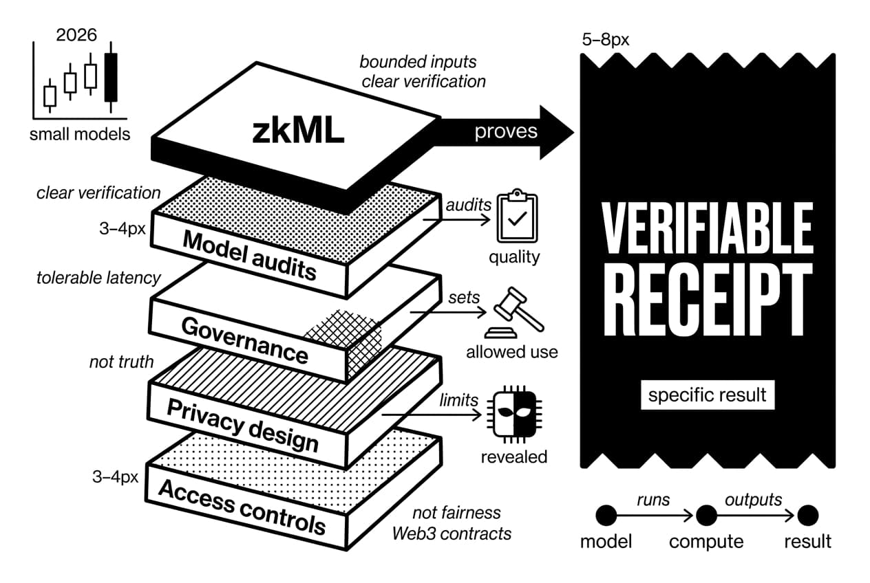 Trust-stack infographic shows zkML proving a specific result with a verifiable receipt.