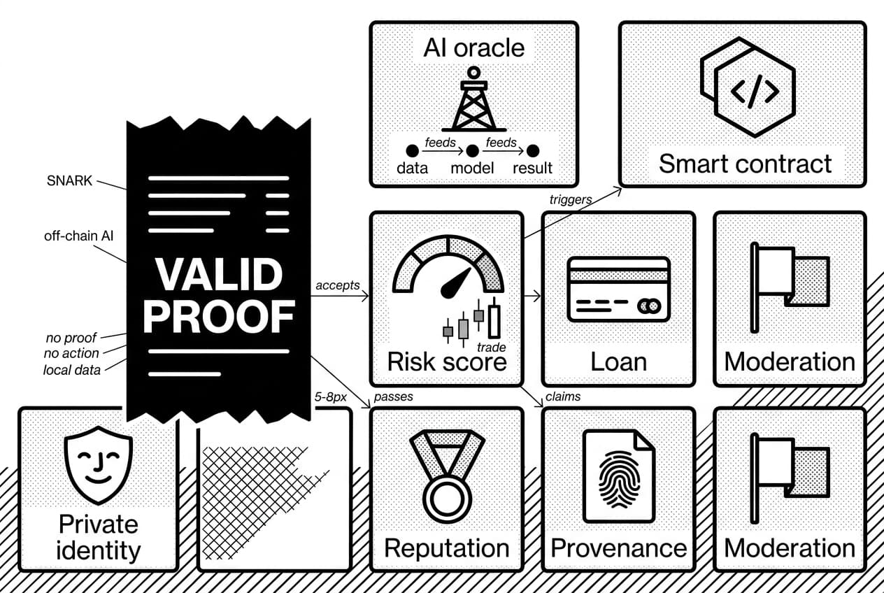 zkML use-case icon wall showing SNARK valid proof for AI oracle outputs