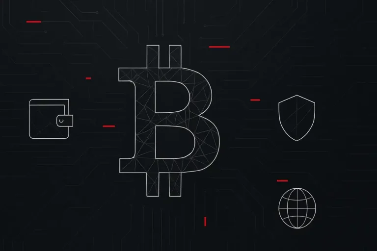 A dark, high-tech wireframe schematic featuring a large Bitcoin symbol, circuit textures, and minimalist icons representing Bitcoin basics.