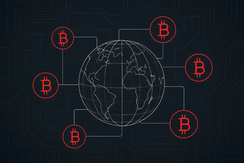 Wireframe globe and Bitcoin icons illustrate the concept of global, peer-to-peer money.