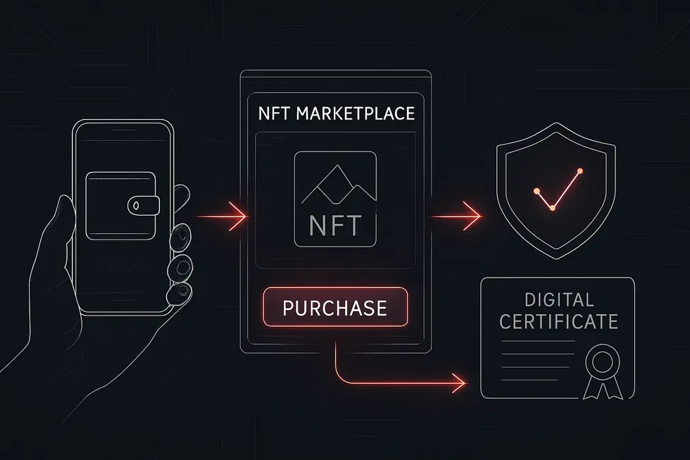 An NFT card and a Bitcoin coin illustrating the difference between fungible and non-fungible assets.