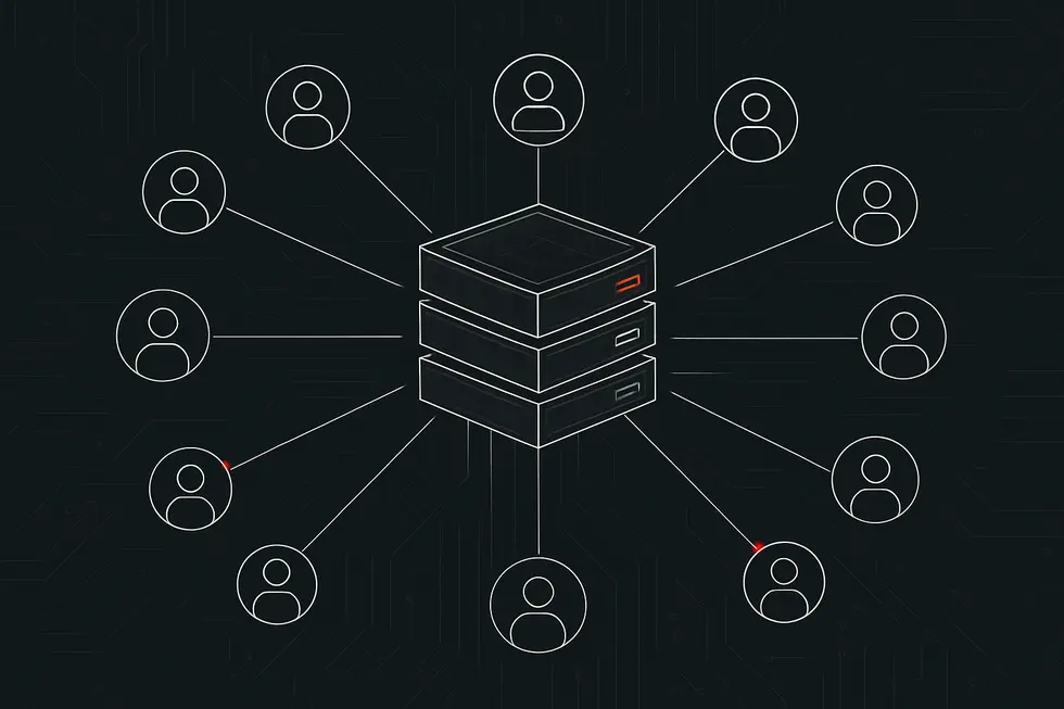 A conceptual central server hub representing how a CEX acts as an intermediary between users.