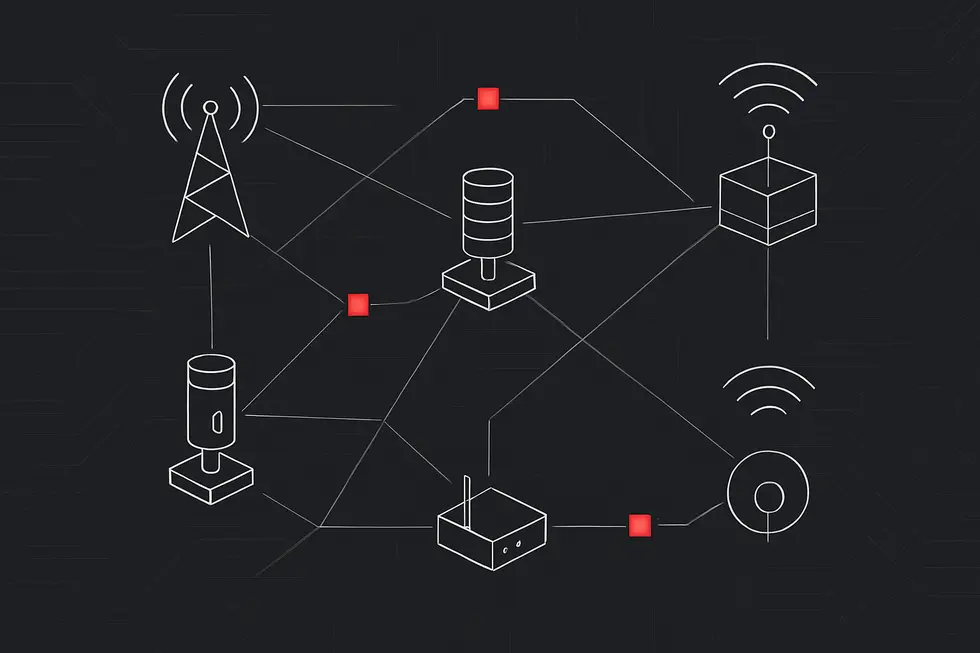Wireframe-style depiction of devices in a decentralized infrastructure network.