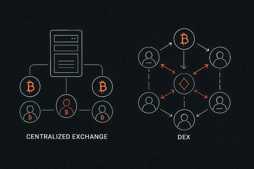 A visual comparison of centralized and decentralized exchange structures.