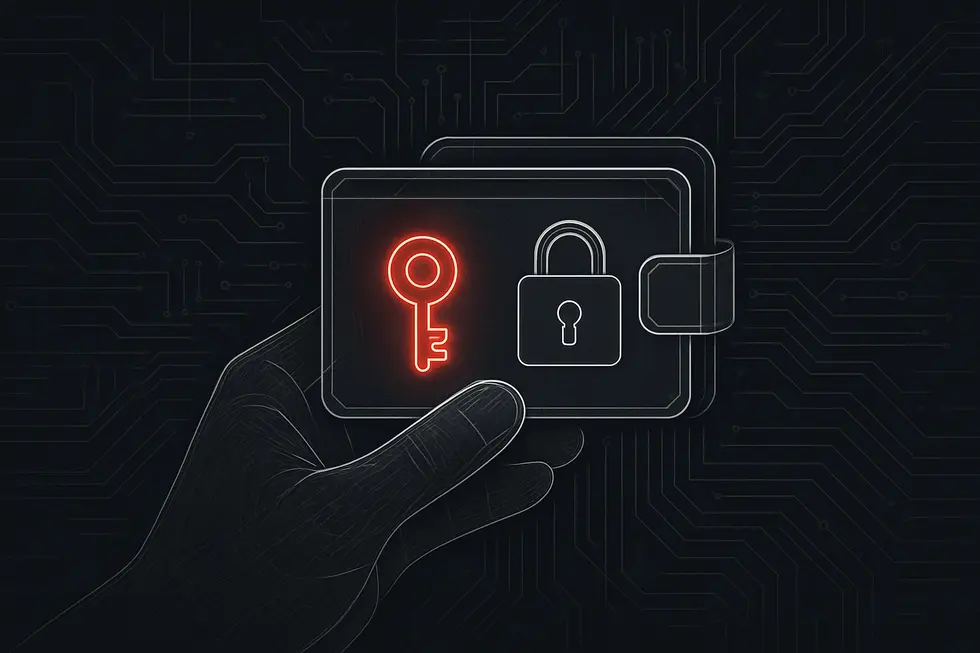 A digital hand holding a virtual wallet with secure key symbols.
