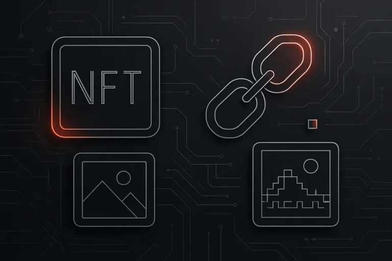 Dark digital landscape with NFT, blockchain, and art icons in white and red, on a circuit board background.