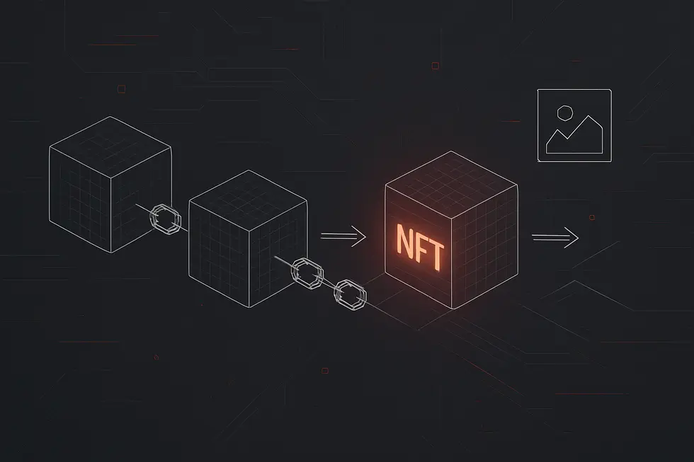 An NFT card and a Bitcoin coin illustrating the difference between fungible and non-fungible assets.
