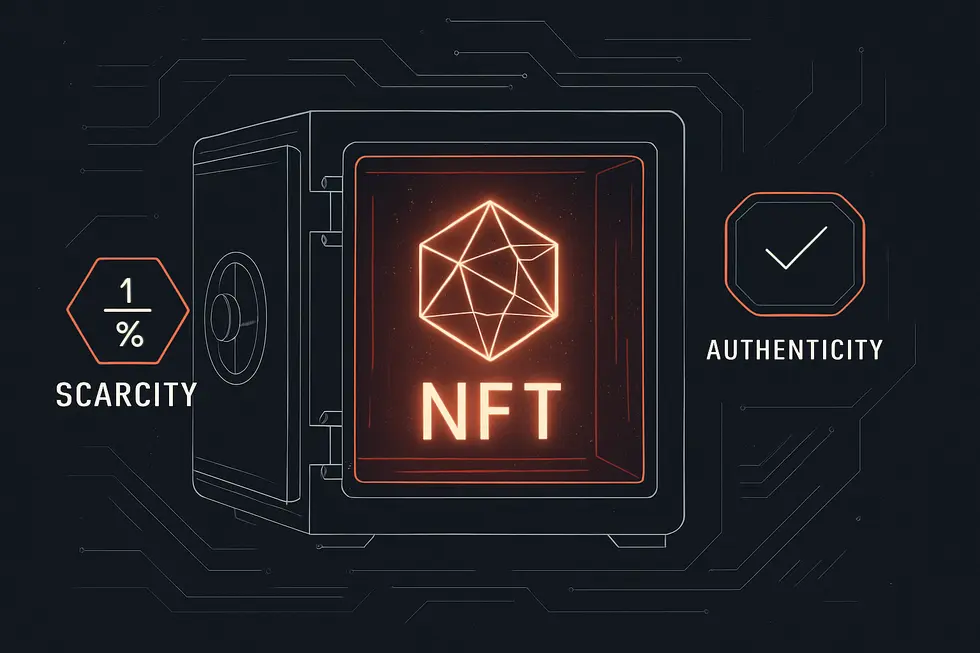 An NFT card and a Bitcoin coin illustrating the difference between fungible and non-fungible assets.