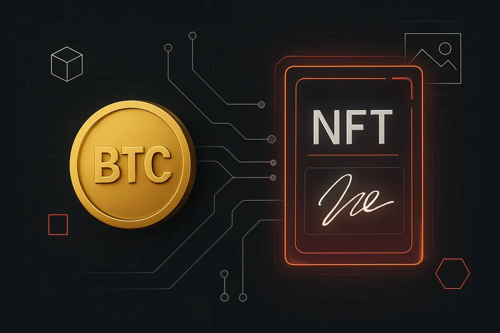 An NFT card and a Bitcoin coin illustrating the difference between fungible and non-fungible assets.