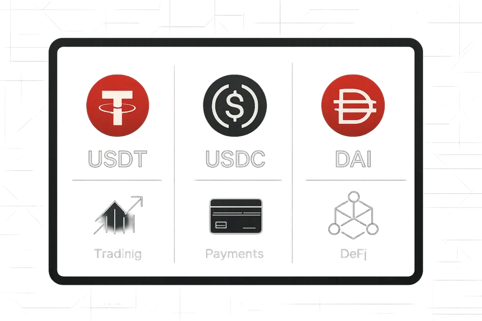 A stablecoin symbol securely balanced on a digital stack of dollar bills.