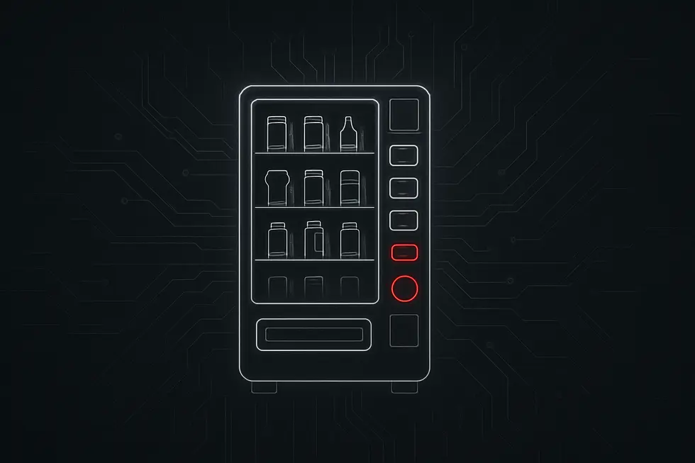 A wireframe digital vending machine illustrating how smart contracts automate agreements.