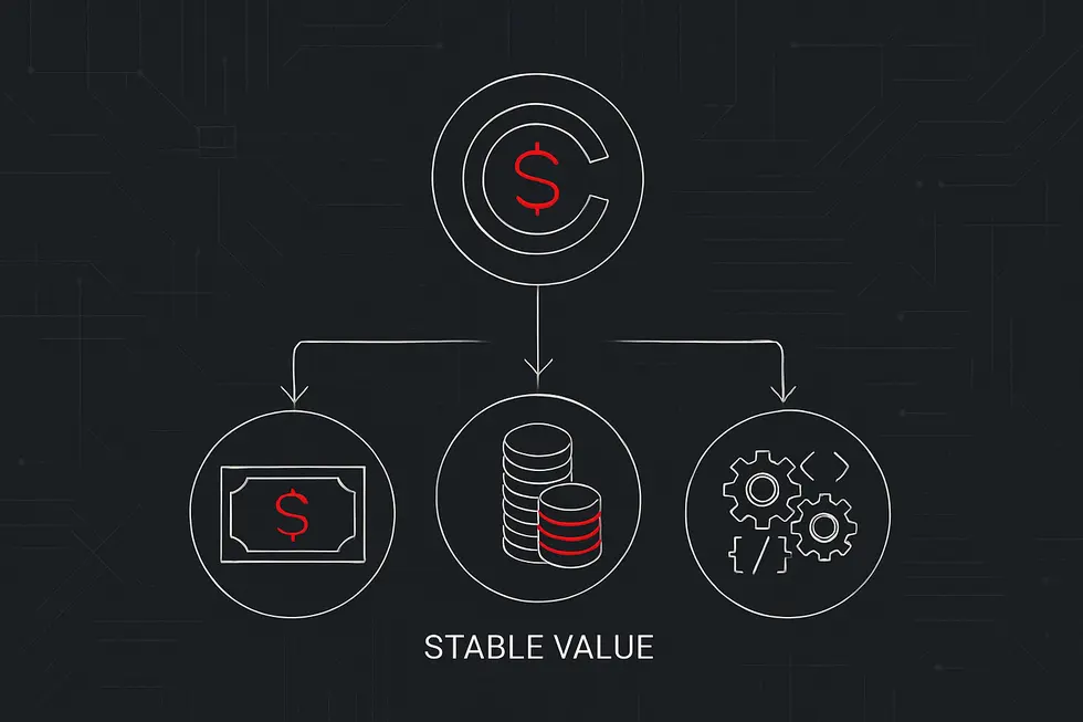 A stablecoin symbol securely balanced on a digital stack of dollar bills.