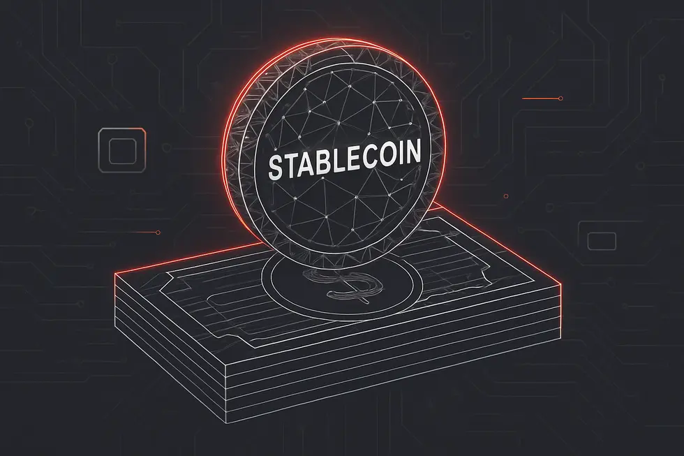 A stablecoin symbol securely balanced on a digital stack of dollar bills.